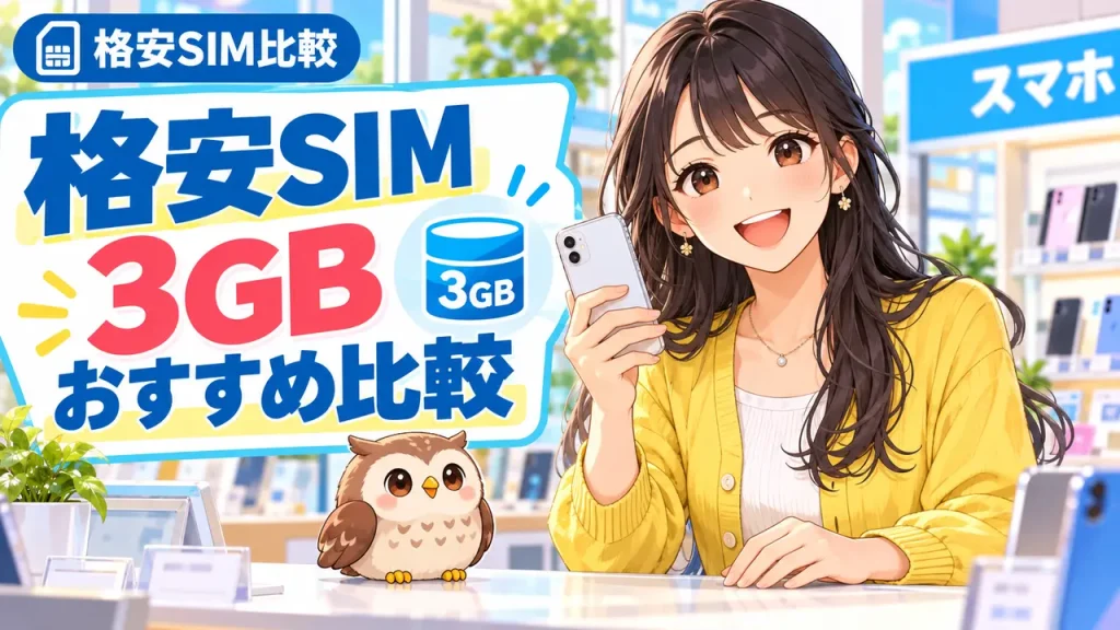 格安SIMの3GBおすすめ比較をスマホショップで案内する女性とフクロウ