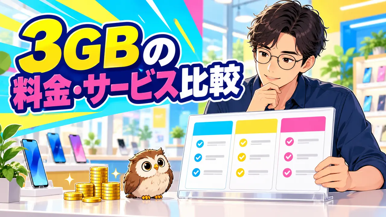 3GB前後の格安SIMの料金とサービスを比較する男性