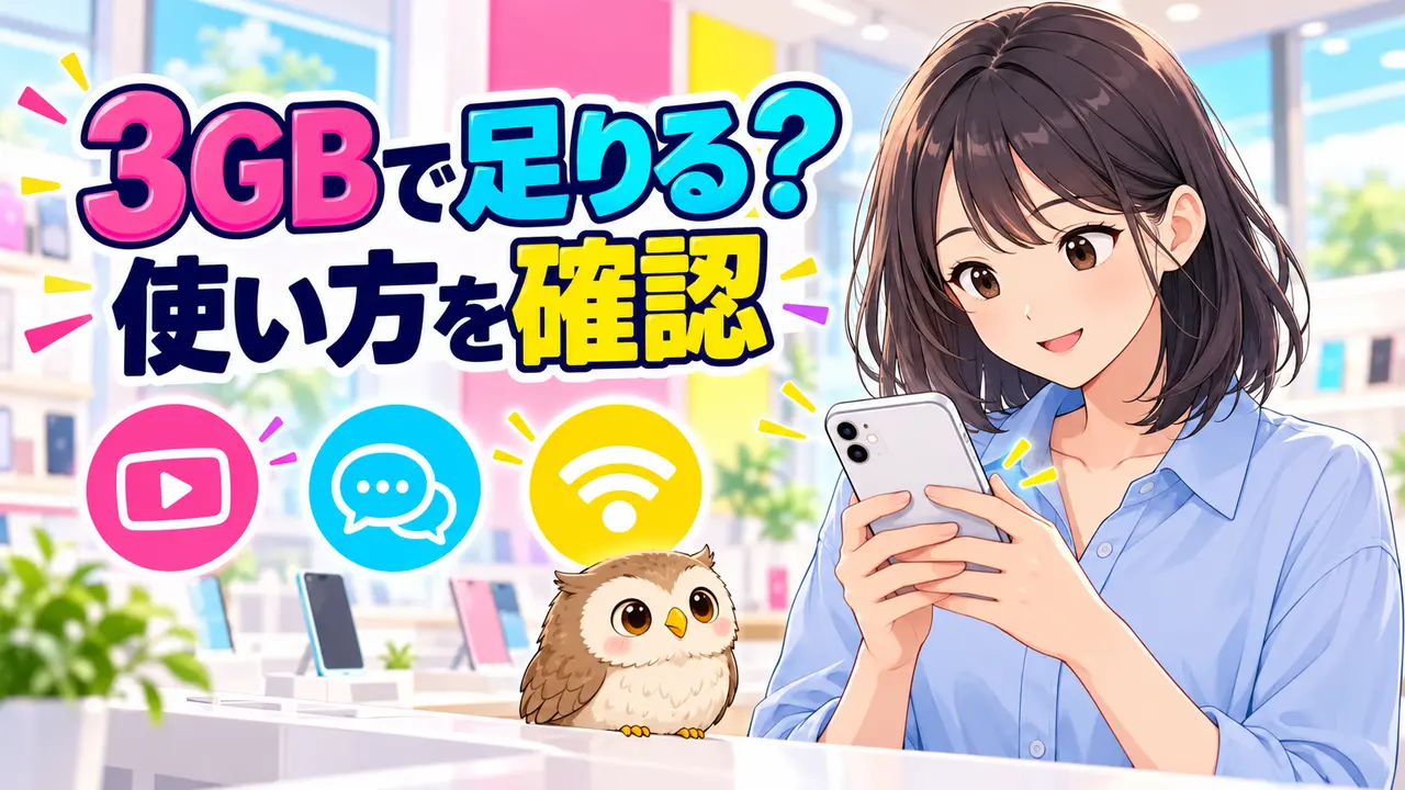 3GBで足りるかデータ使用量をスマホで確認する女性