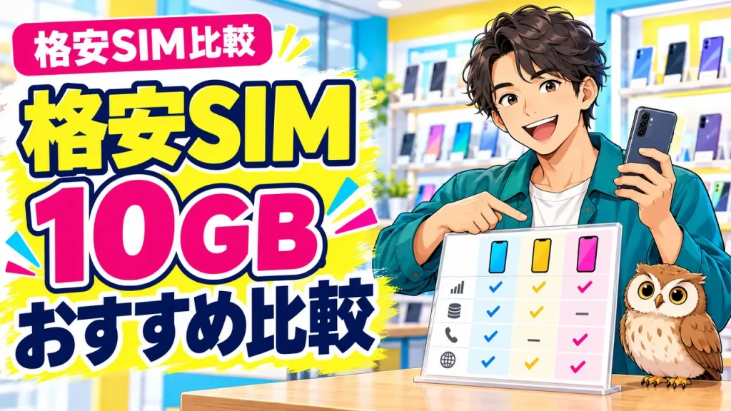 格安SIMの10GBおすすめ比較を案内する男性とフクロウ