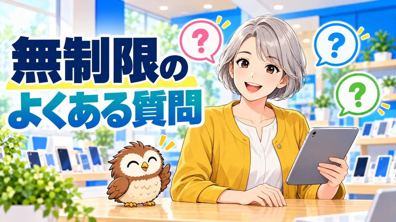 データ無制限プランのよくある質問を確認する女性と小さな茶色のフクロウ