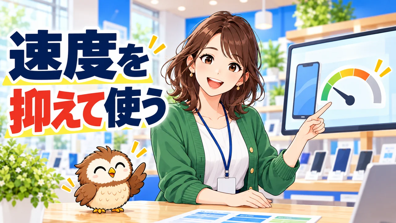 速度を抑えて使うmineoの特徴を説明する女性と小さな茶色のフクロウ