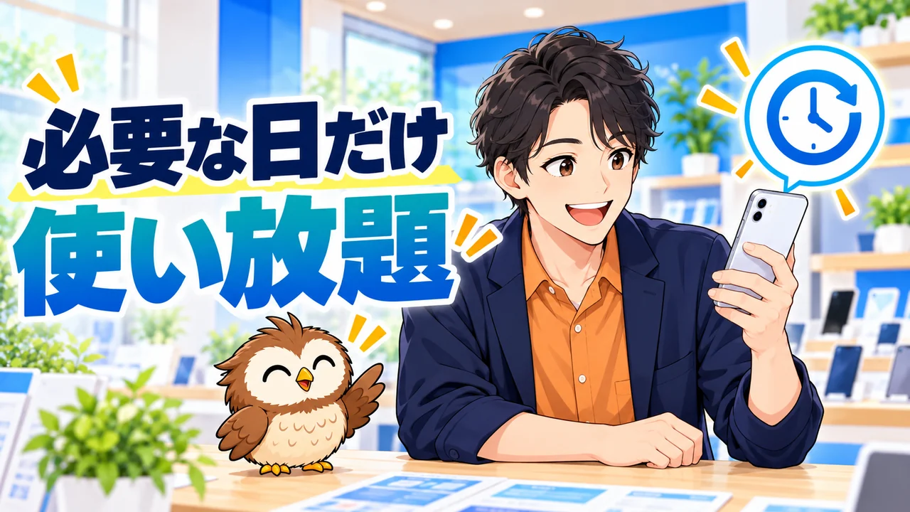 必要な日だけpovo2.0の使い放題を選ぶ男性と小さな茶色のフクロウ