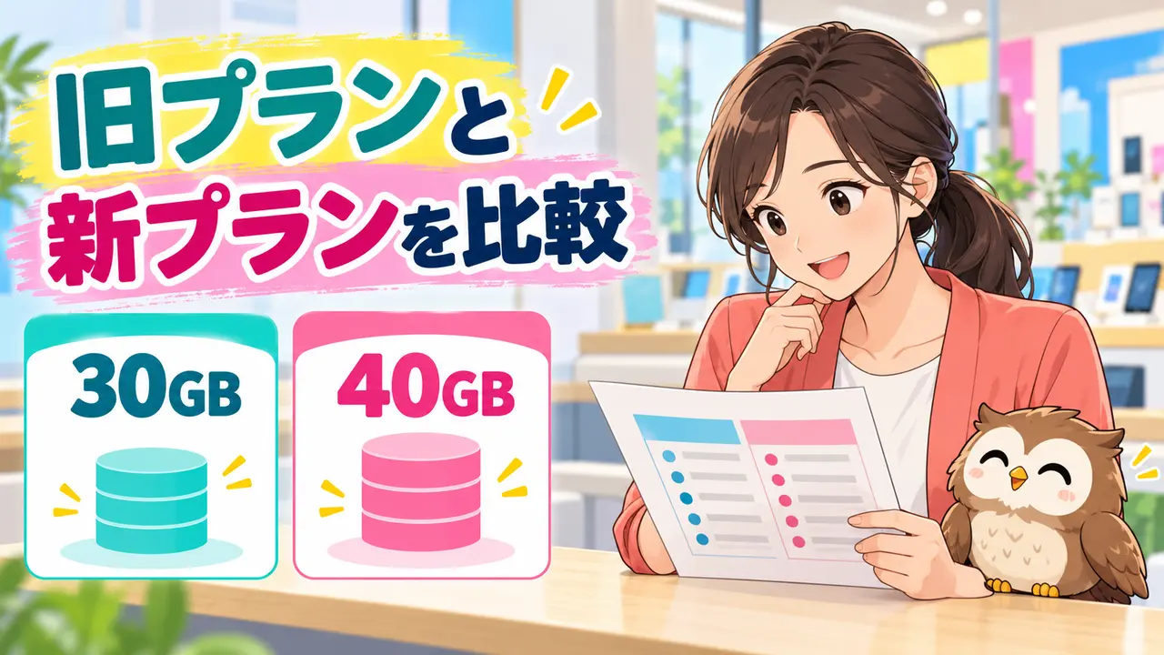 旧ahamo30GBと新ahamo40GBのプランを比較する女性
