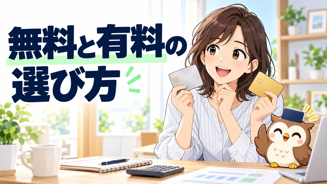 年会費無料カードと有料カードを比較するイラスト