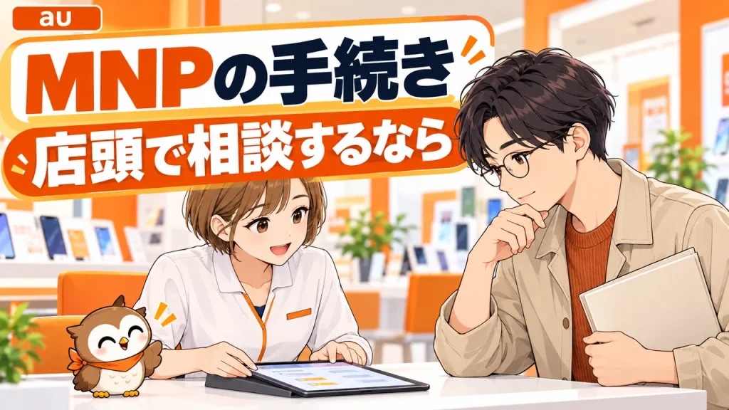 オレンジ色の携帯ショップでタブレットを見ながらMNP手続きを相談する男性と女性スタッフ、小さなフクロウ