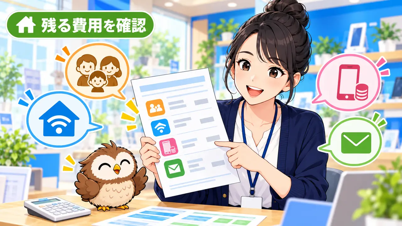 auから乗り換える前に残る費用と消える割引を確認するイラスト