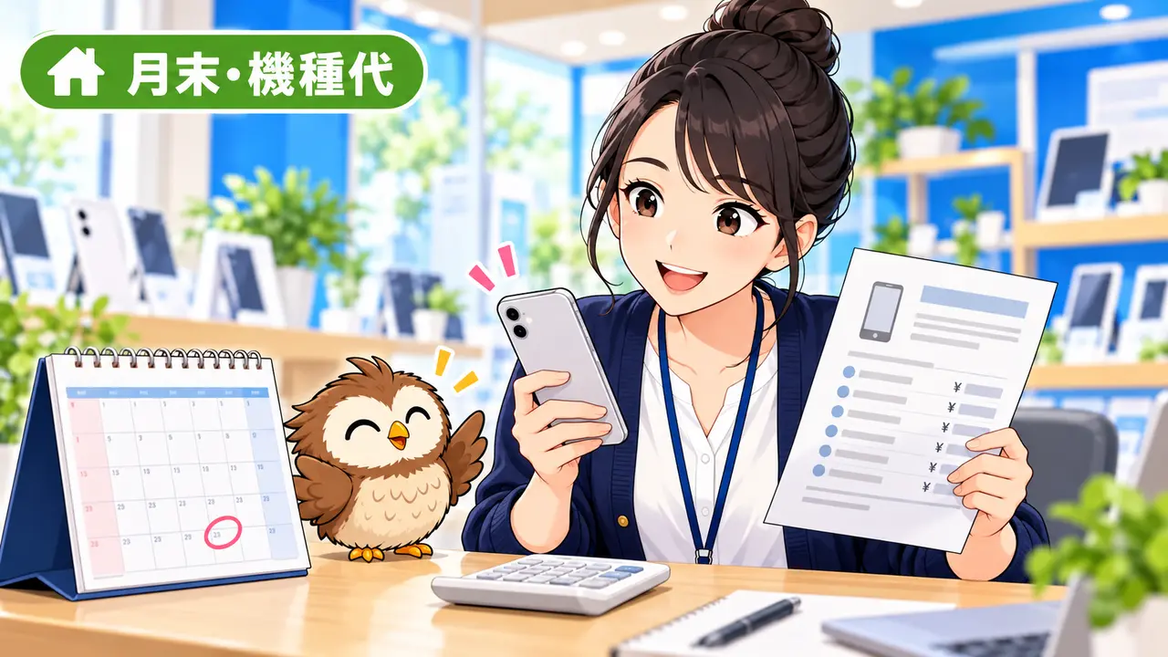 月末の乗り換えと端末代の請求を確認するイラスト