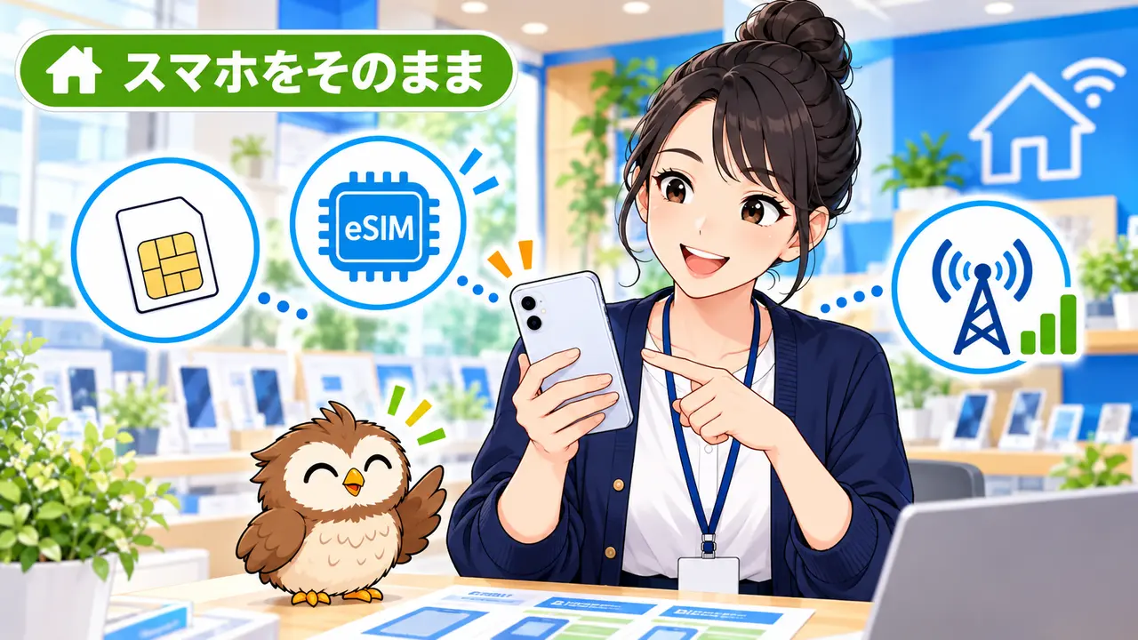 auのスマホをそのまま格安SIMで使うためSIMとeSIMを確認するイラスト