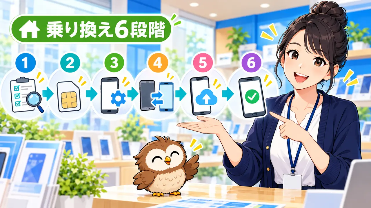 auから格安SIMへ乗り換える6段階の流れを示すイラスト
