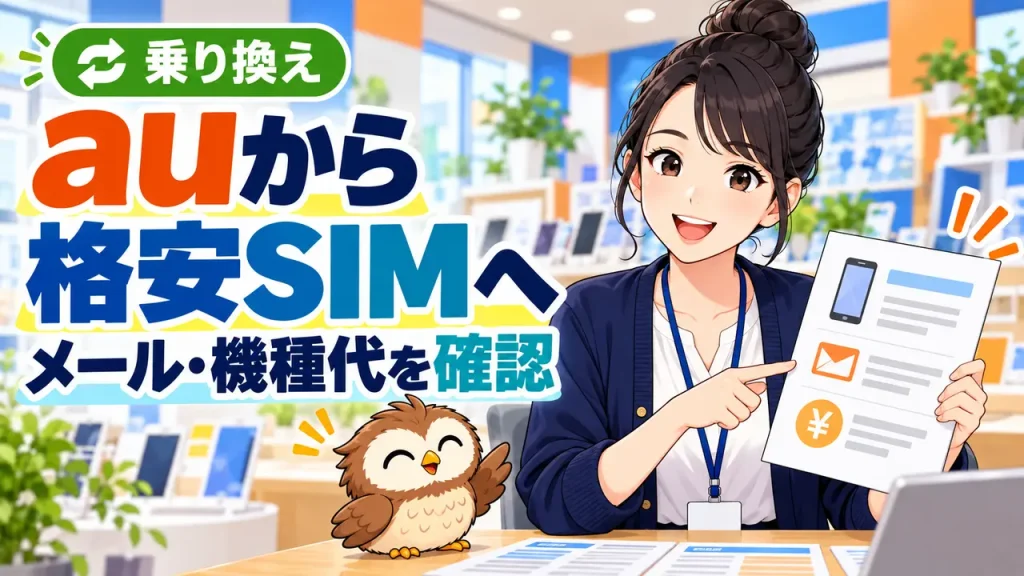 auから格安SIMへ乗り換える前にメールと機種代を確認するイラスト