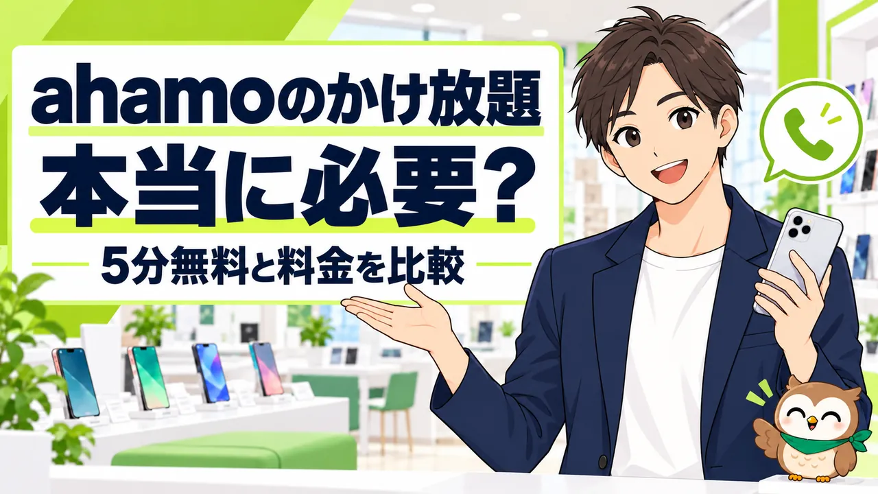 携帯ショップで男性スタッフがahamoのかけ放題を案内するイラスト