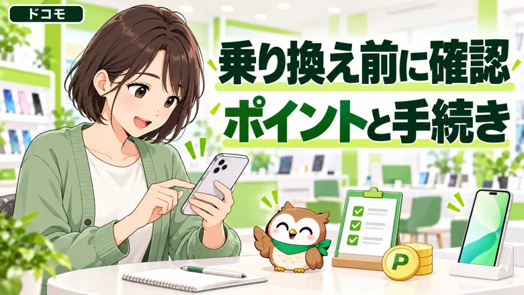 携帯ショップでスマホを操作し、ドコモの乗り換え前にポイントと手続きを確認する女性と小さなフクロウ