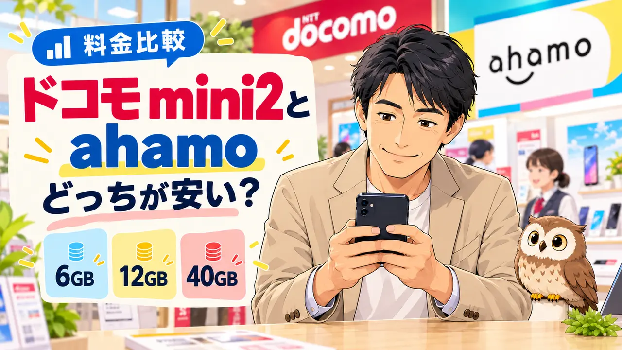 ドコモmini2の6GB・12GBとahamoの40GBを比較する男性とフクロウ