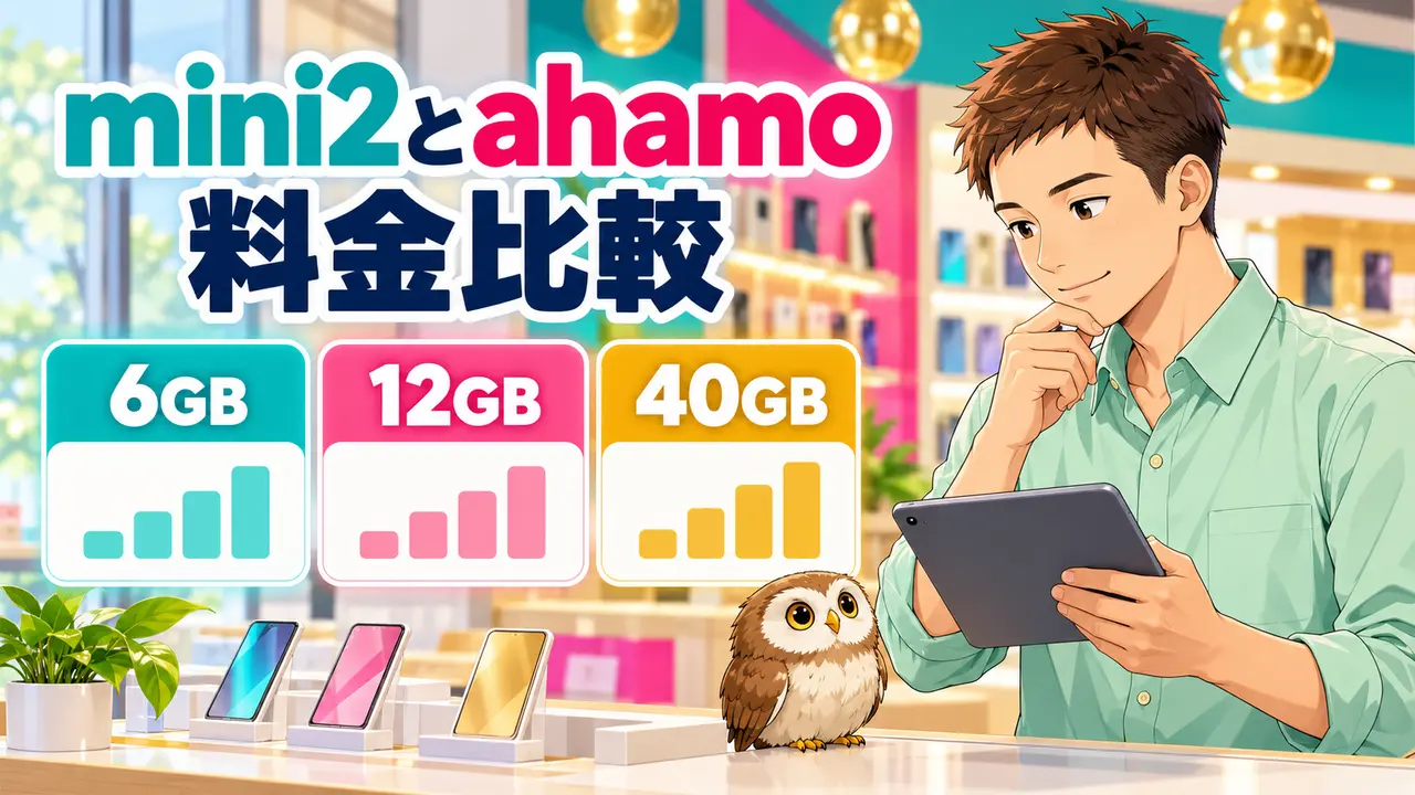 ドコモmini2とahamoの6GB・12GB・40GB料金を比較する男性