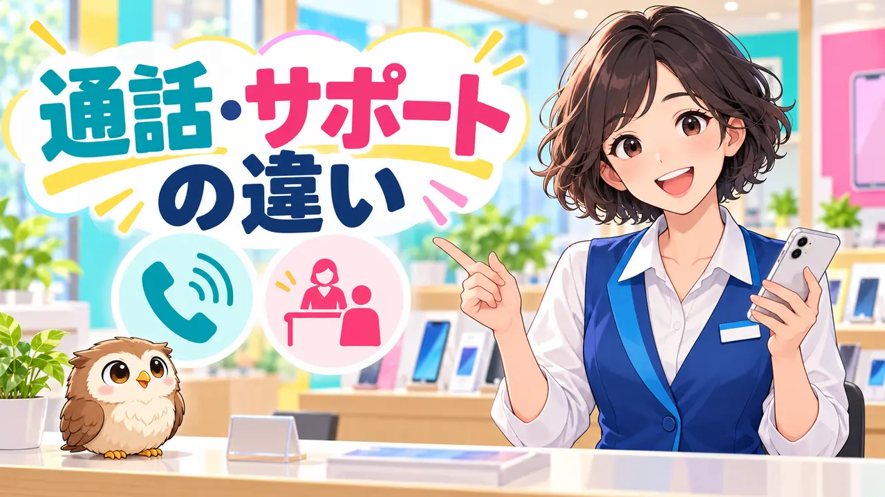 ドコモmini2とahamoの通話と店舗サポートの違いを案内する女性