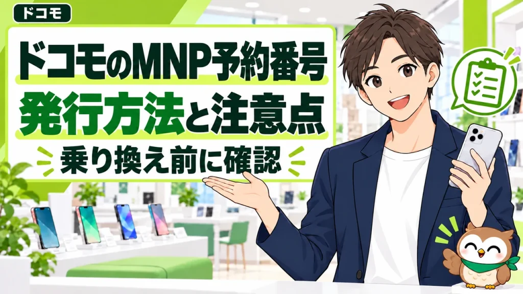 ドコモのMNP手続きを案内する男性と小さなフクロウ。ドコモのカテゴリ表示付き