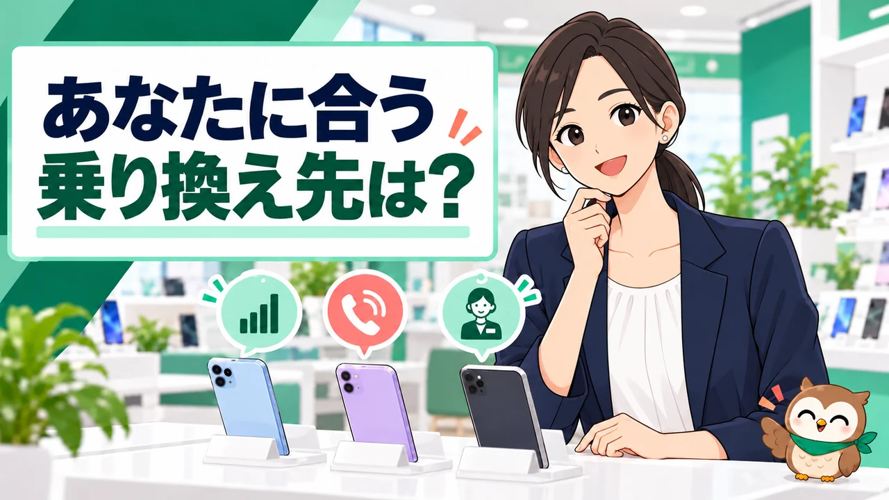 料金・通話・サポートから乗り換え先を選ぶ女性のイラスト