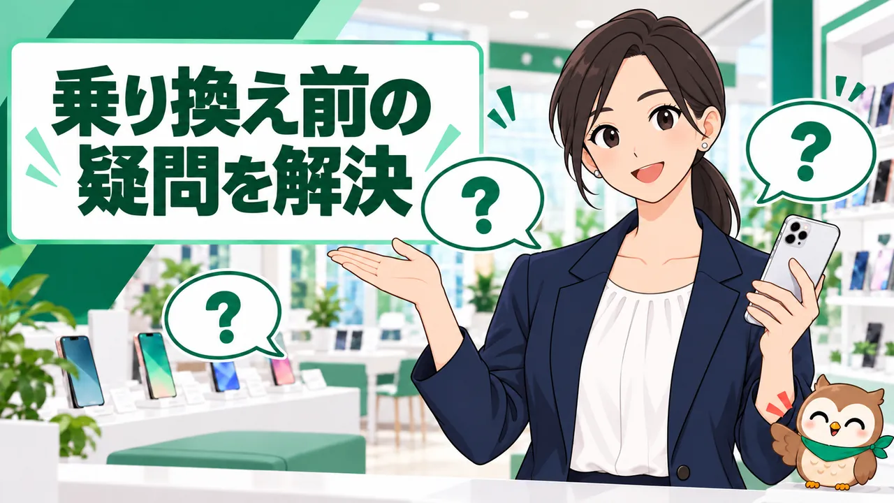 女性と小さなフクロウが乗り換え前の疑問を解決するイラスト