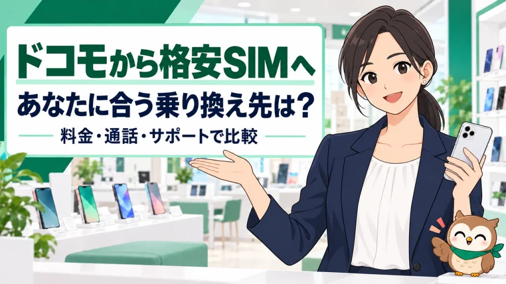 携帯ショップで女性スタッフと小さなフクロウが格安SIMへの乗り換えを案内するイラスト