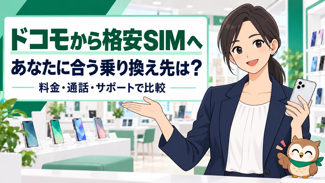 携帯ショップで女性スタッフと小さなフクロウが格安SIMへの乗り換えを案内するイラスト