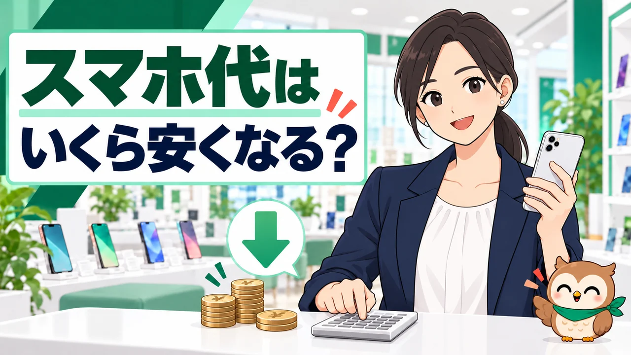 スマホ代の節約額を計算する女性と小さなフクロウのイラスト