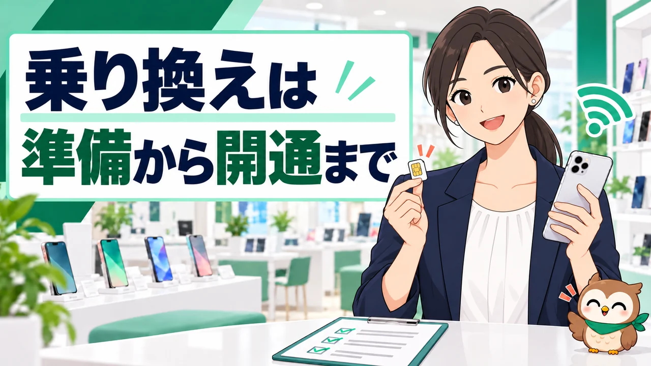 SIMカードとスマホを持ち、乗り換え手順を案内する女性のイラスト