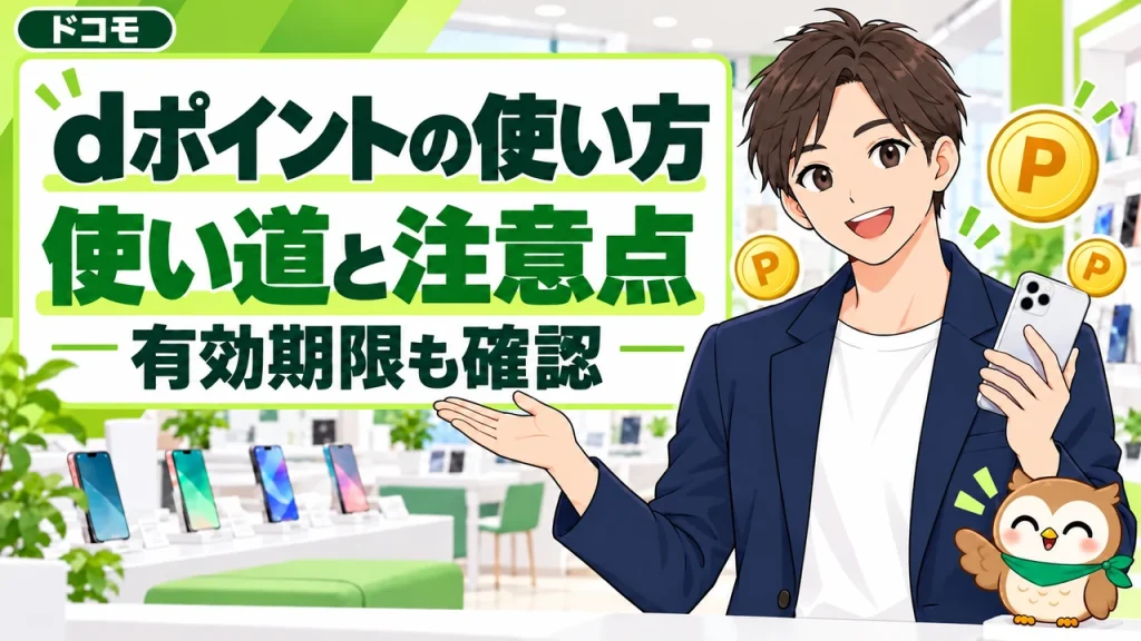 dポイントの使い道と有効期限を案内する男性と小さなフクロウ。左上にドコモのラベル