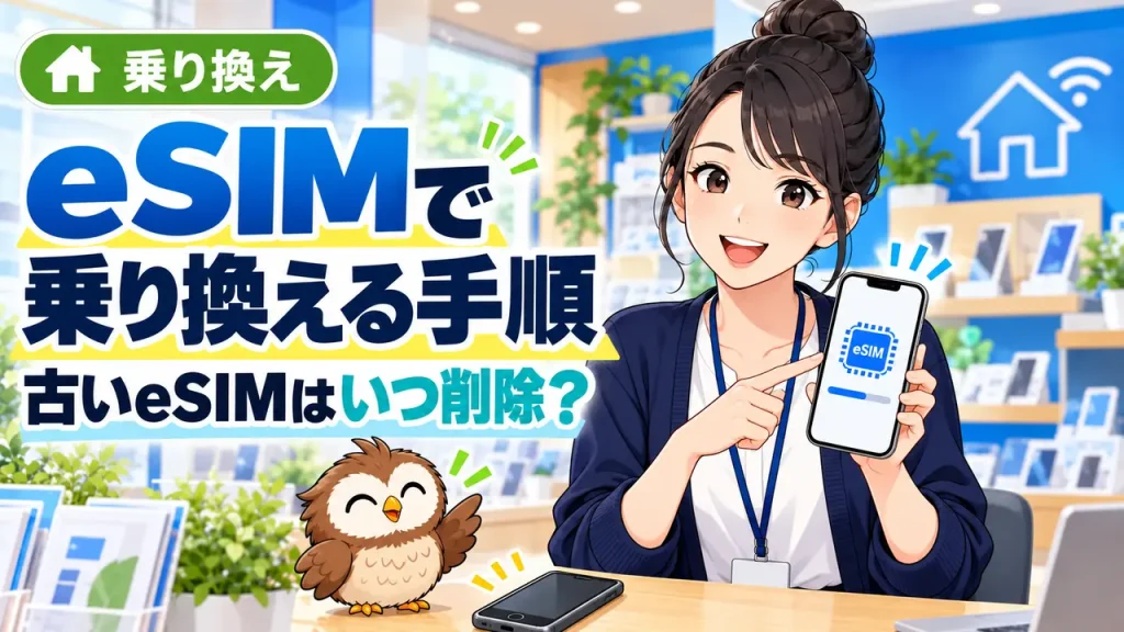 eSIMで乗り換える手順と古いeSIMを削除するタイミングを説明するイラスト