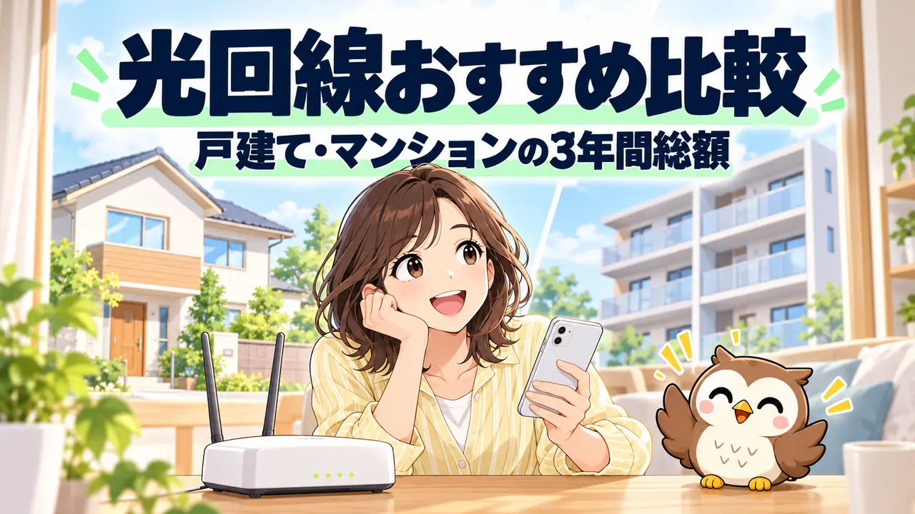 光回線おすすめ比較。戸建てとマンション、ルーターを見ながら3年間の料金を考えるイラスト