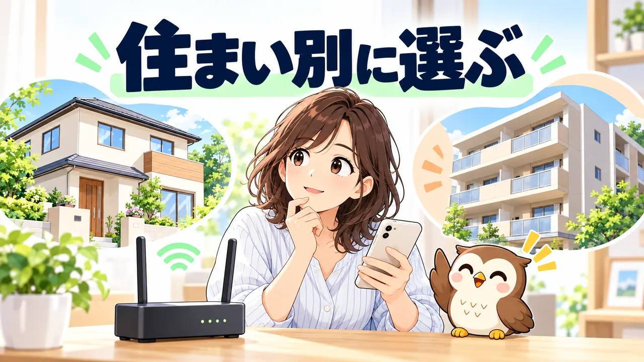 戸建てとマンションで光回線を選ぶ女性とルーター