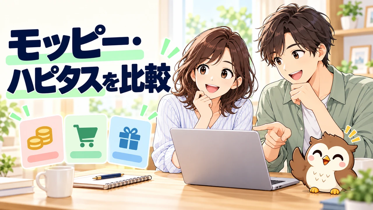 モッピーとハピタスのポイント案件を比較するイラスト