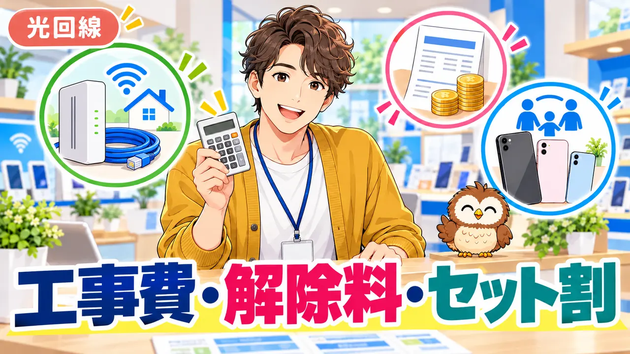 光回線の工事費残債・解除料とスマホセット割を計算する男性と小さな茶色のフクロウ