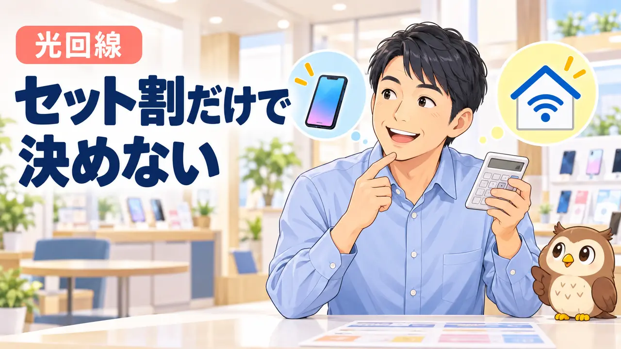 スマホのセット割と光回線の総額を比較する男性と小さな茶色のフクロウ