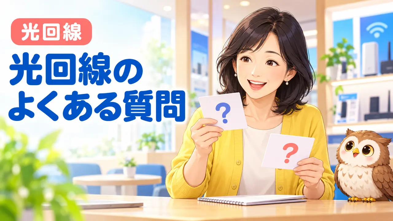 光回線の乗り換えに関する疑問を確認する女性と小さな茶色のフクロウ