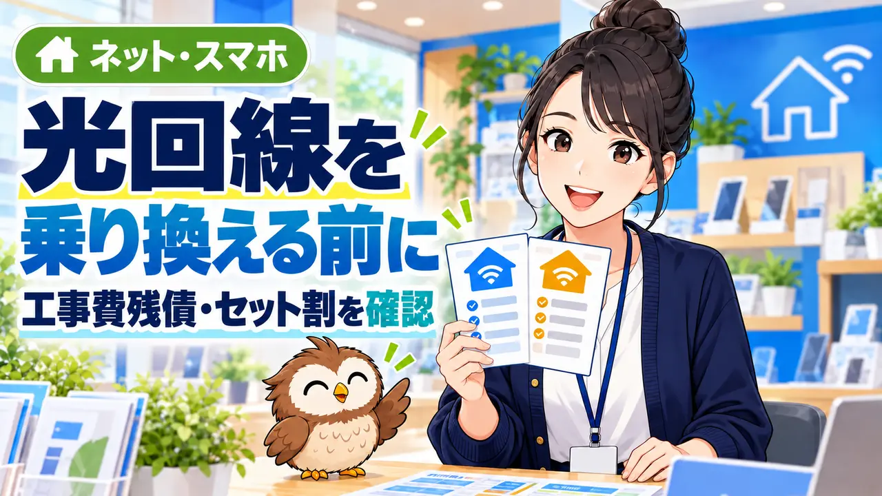 光回線を乗り換える前に工事費残債とセット割を比較するイラスト