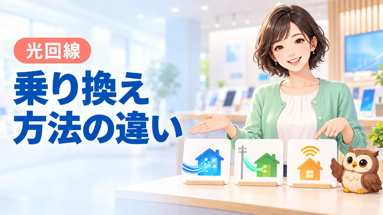 転用・事業者変更・新規契約の違いをショップで確認する女性と小さな茶色のフクロウ