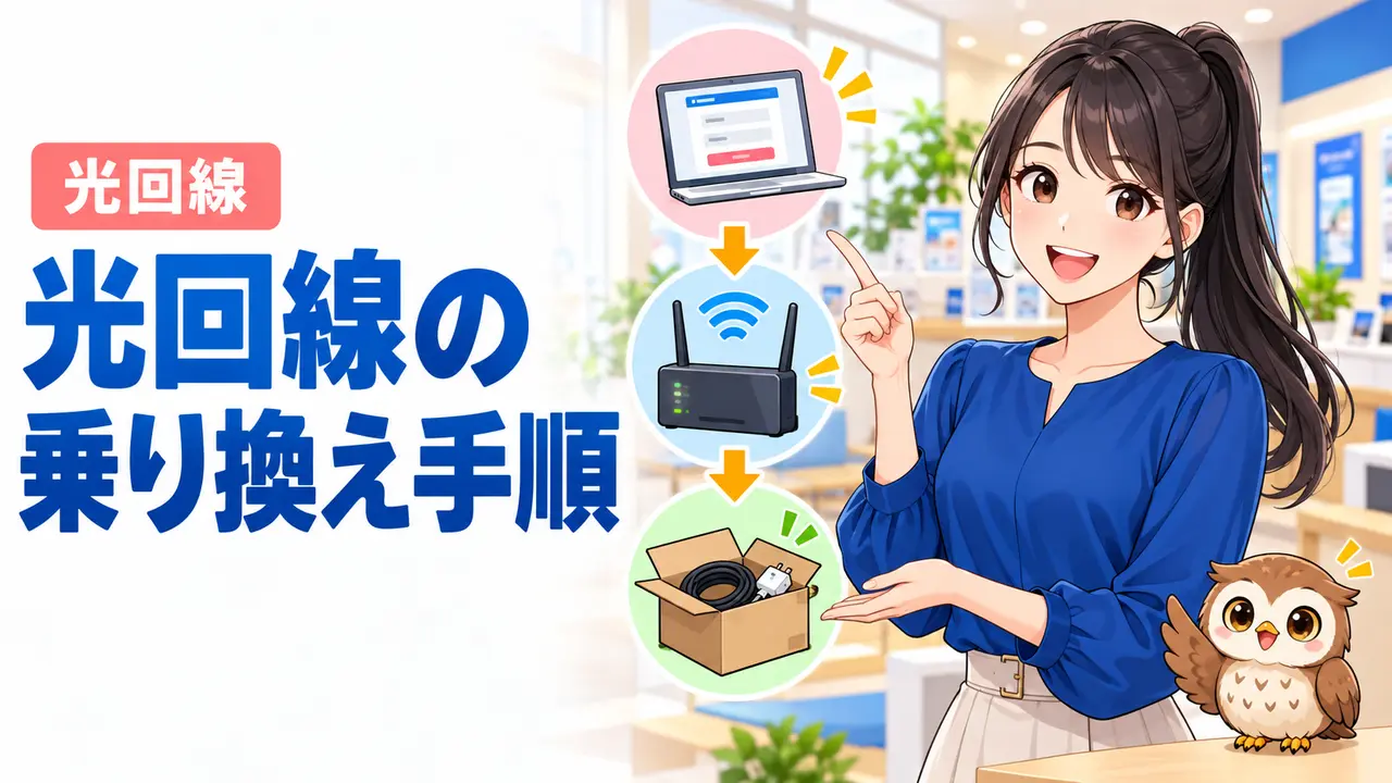 光回線の申し込みから開通、旧回線の整理までを示す女性と小さな茶色のフクロウ