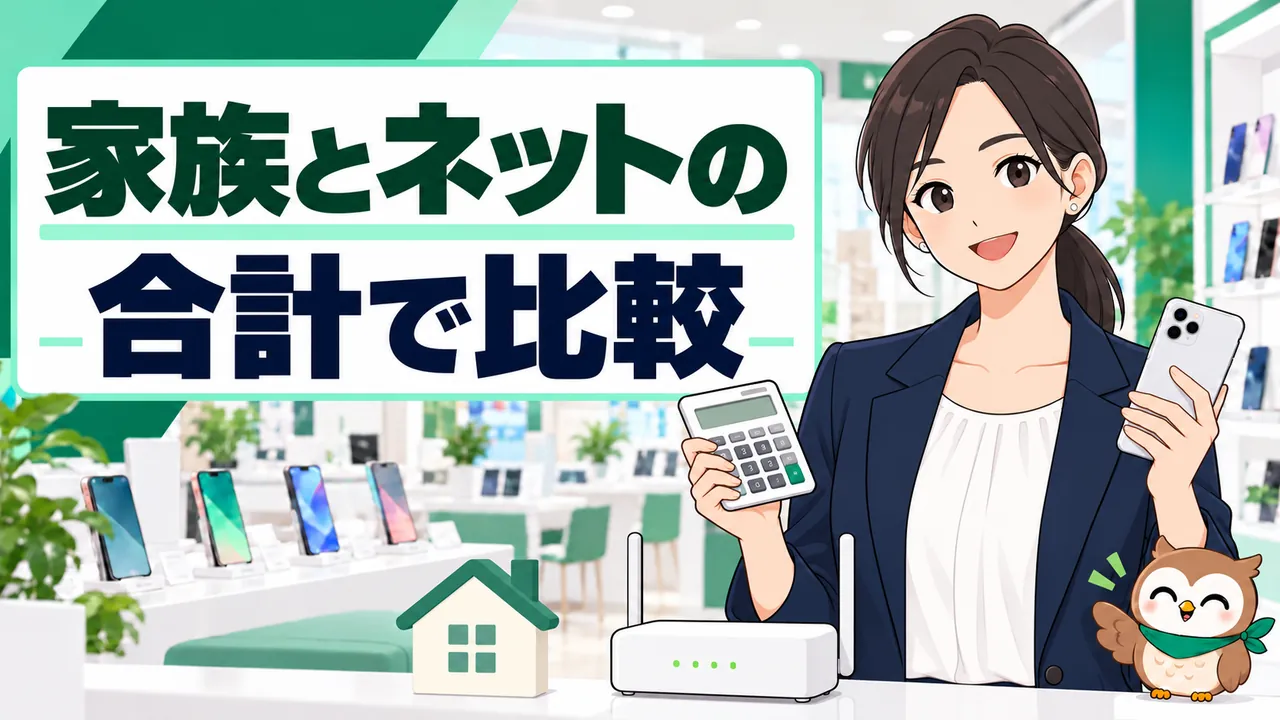 家族のスマホ料金と自宅インターネットの合計費用を比べるイラスト