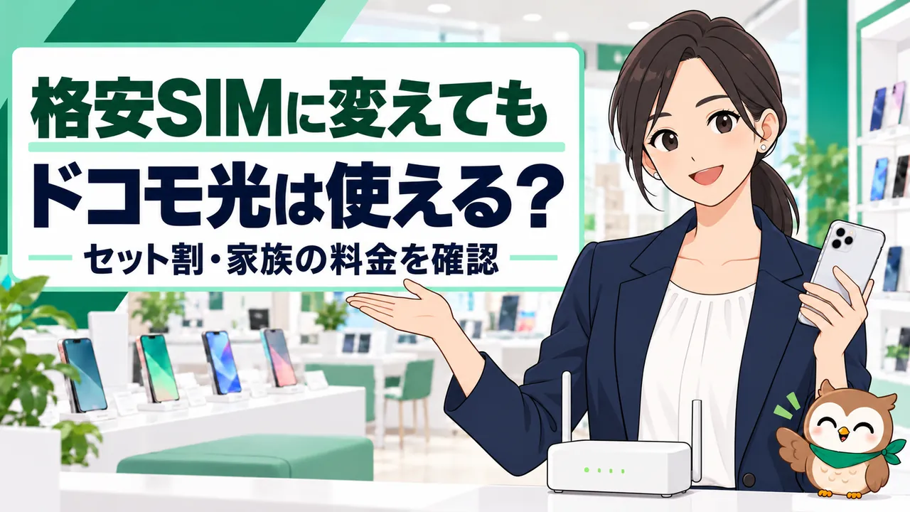 格安SIMへ変更後のドコモ光の継続とセット割を案内する女性のイラスト