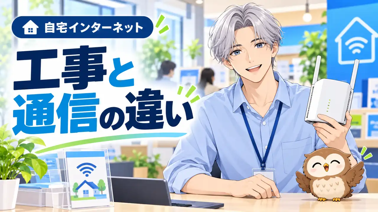 光回線とホームルーターの工事・通信の違いを示すイラスト