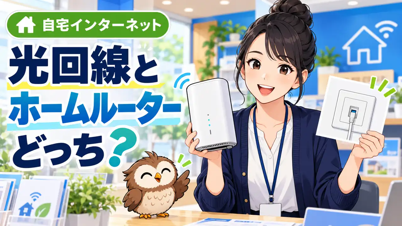 携帯ショップで光回線とホームルーターを比較する人物とフクロウのイラスト