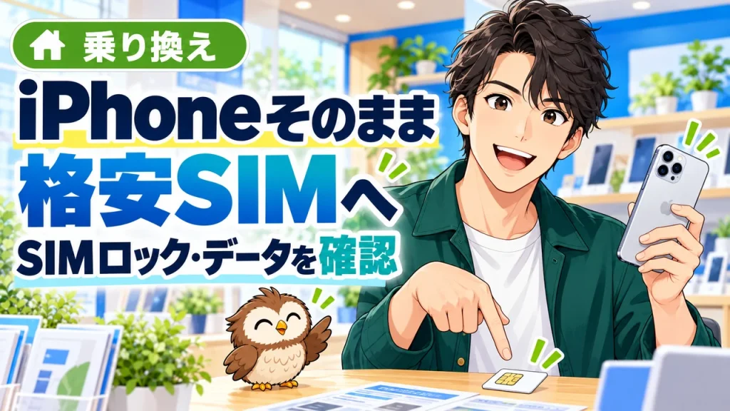 iPhoneをそのまま格安SIMへ乗り換える案内をする男性と小さな茶色のフクロウ