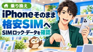 iPhoneをそのまま格安SIMへ乗り換える案内をする男性と小さな茶色のフクロウ