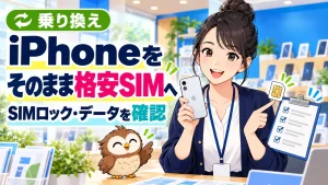 iPhoneをそのまま格安SIMへ乗り換える際のSIMロックとデータ確認を説明するイラスト