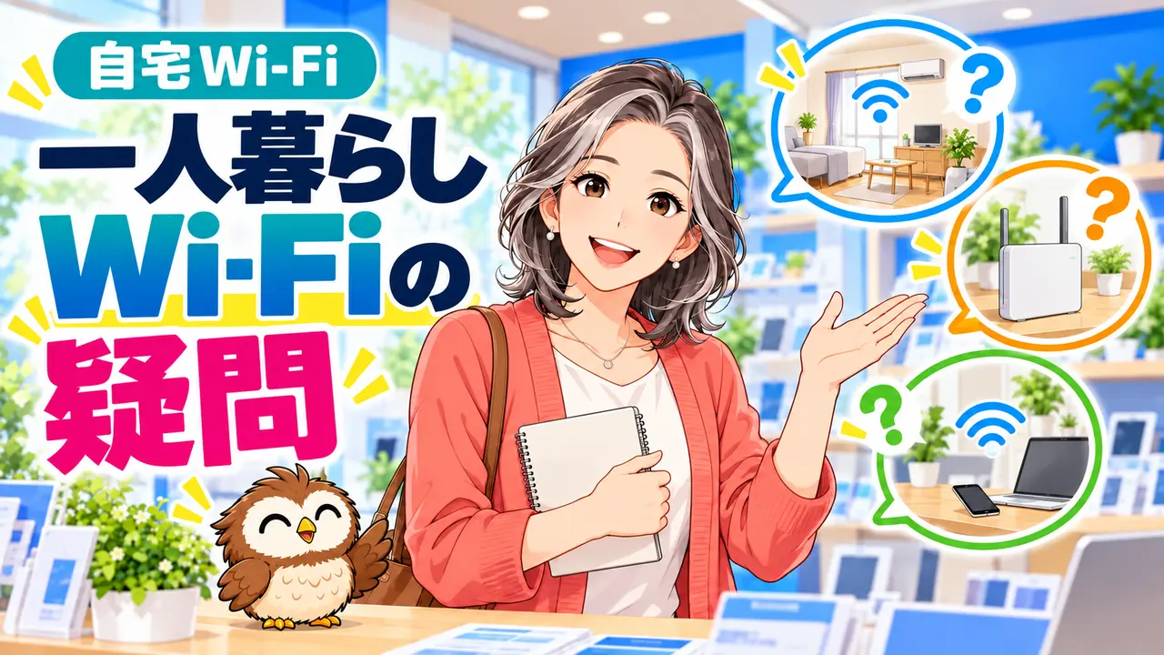 一人暮らしの自宅Wi-Fiの疑問を説明する女性と小さな茶色のフクロウ
