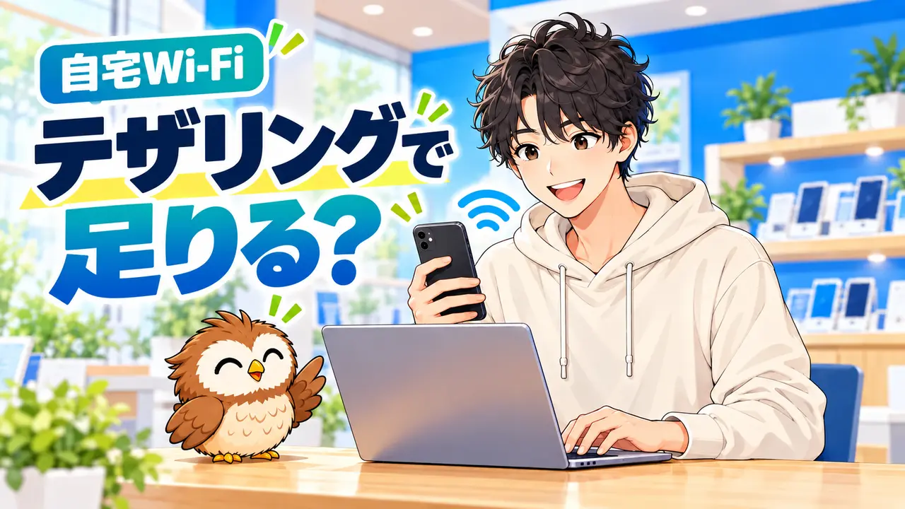 一人暮らしでスマホのテザリングをパソコンに使う男性と小さな茶色のフクロウ