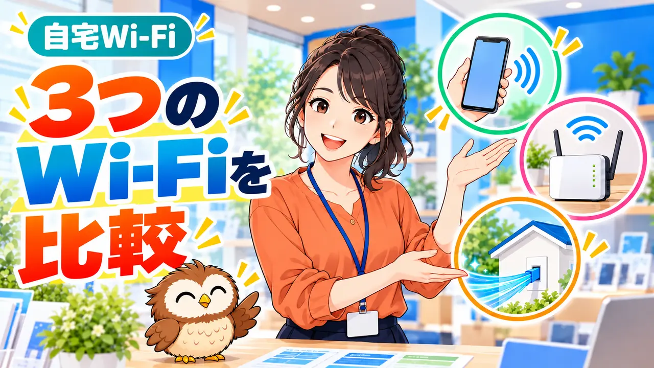 テザリング・ホームルーター・光回線を比べる女性と小さな茶色のフクロウ