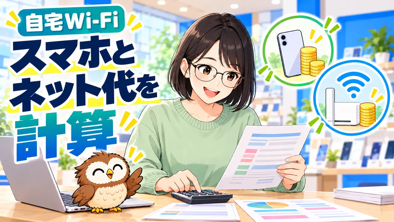 一人暮らしのスマホ代と自宅ネット代を計算する女性と小さな茶色のフクロウ