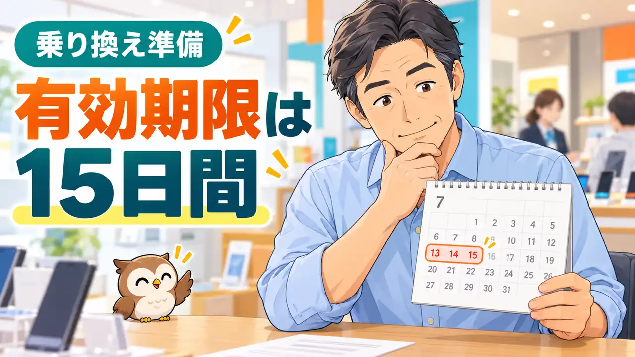 MNP予約番号の有効期限15日間の数え方を説明するイラスト